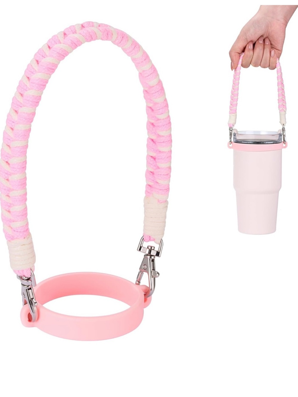 Pink Braided Tumbler Strap with Silicone Holder - Women's Drink Carrier